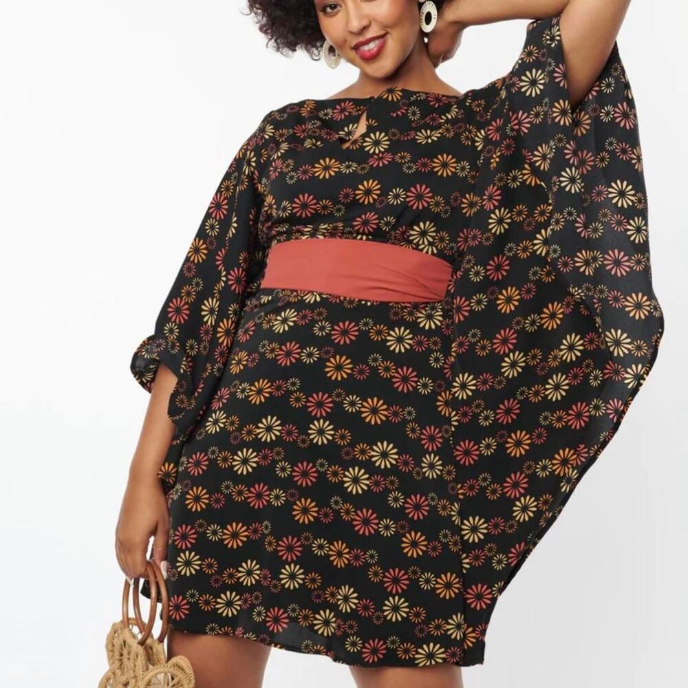 Black Floral Mini Dress with Rust Waistband - Women